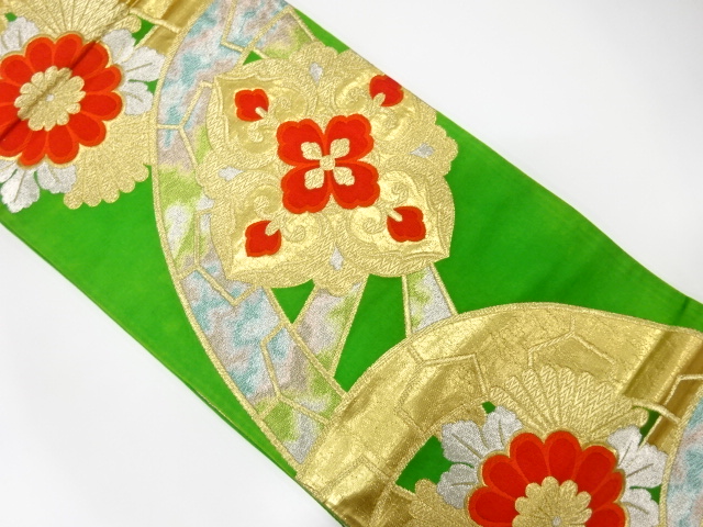 JAPANESE KIMONO / ANTIQUE FUKURO OBI / SILK / WOVEN KIKU & FLORAL CREST